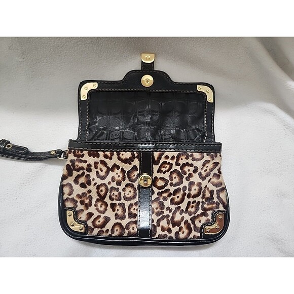 Rafe New York Leopard Print Black Tan Calf Hair Leather Clutch Wristlet - Picture 3 of 7
